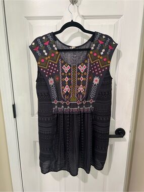 Anthropologie Black Sleeveless Embroidered Mini Top with Multicolor Accents
